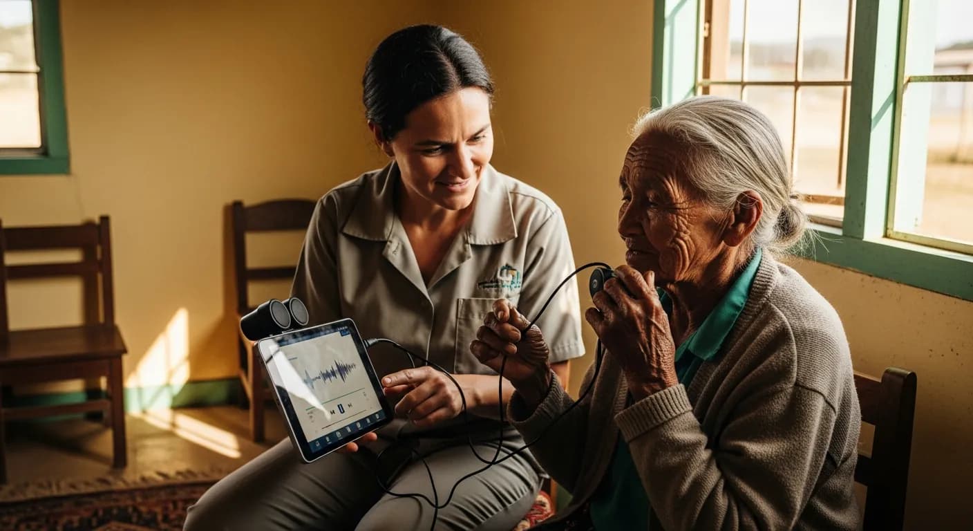 A health worker shows information on a tablet to an elderly woman, illustrating accessible audio outreach