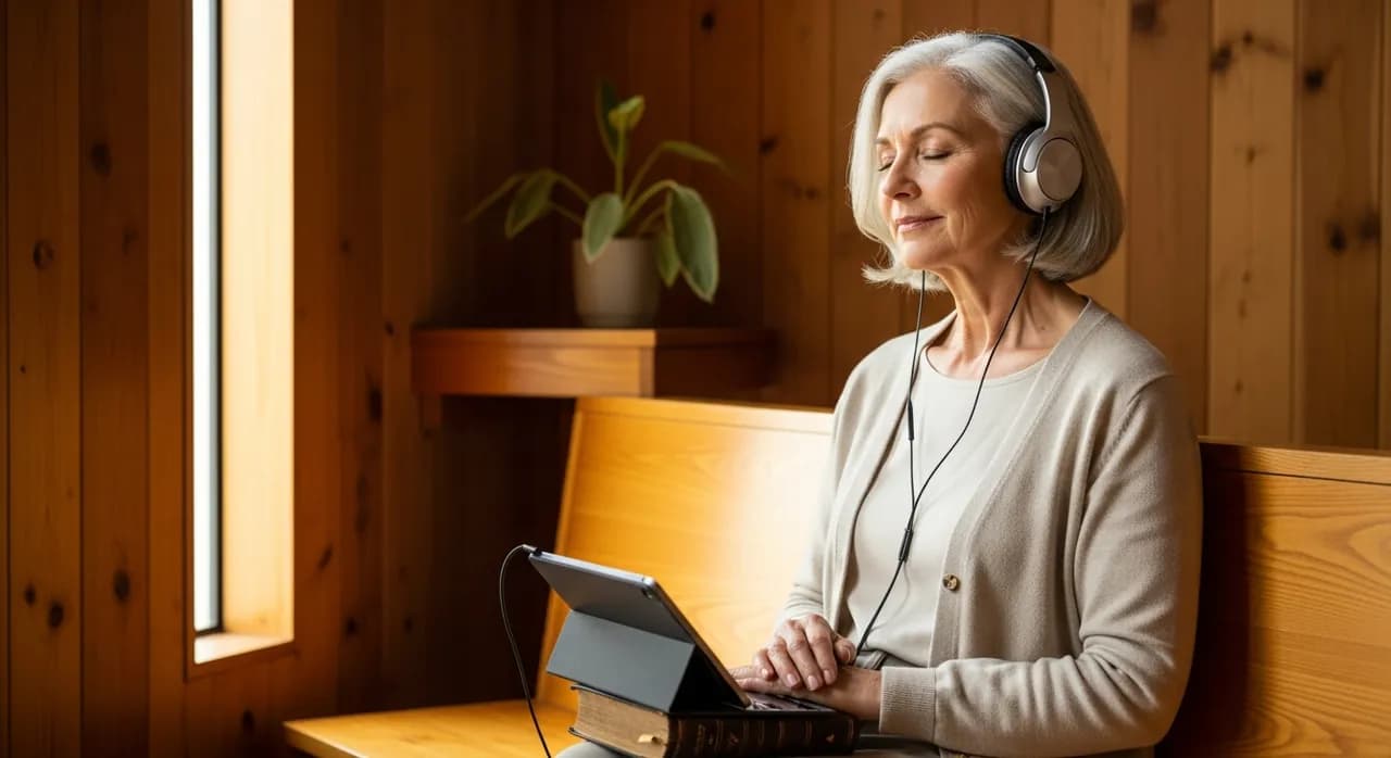 An older woman with headphones listens to a tablet, illustrating audio scripture access