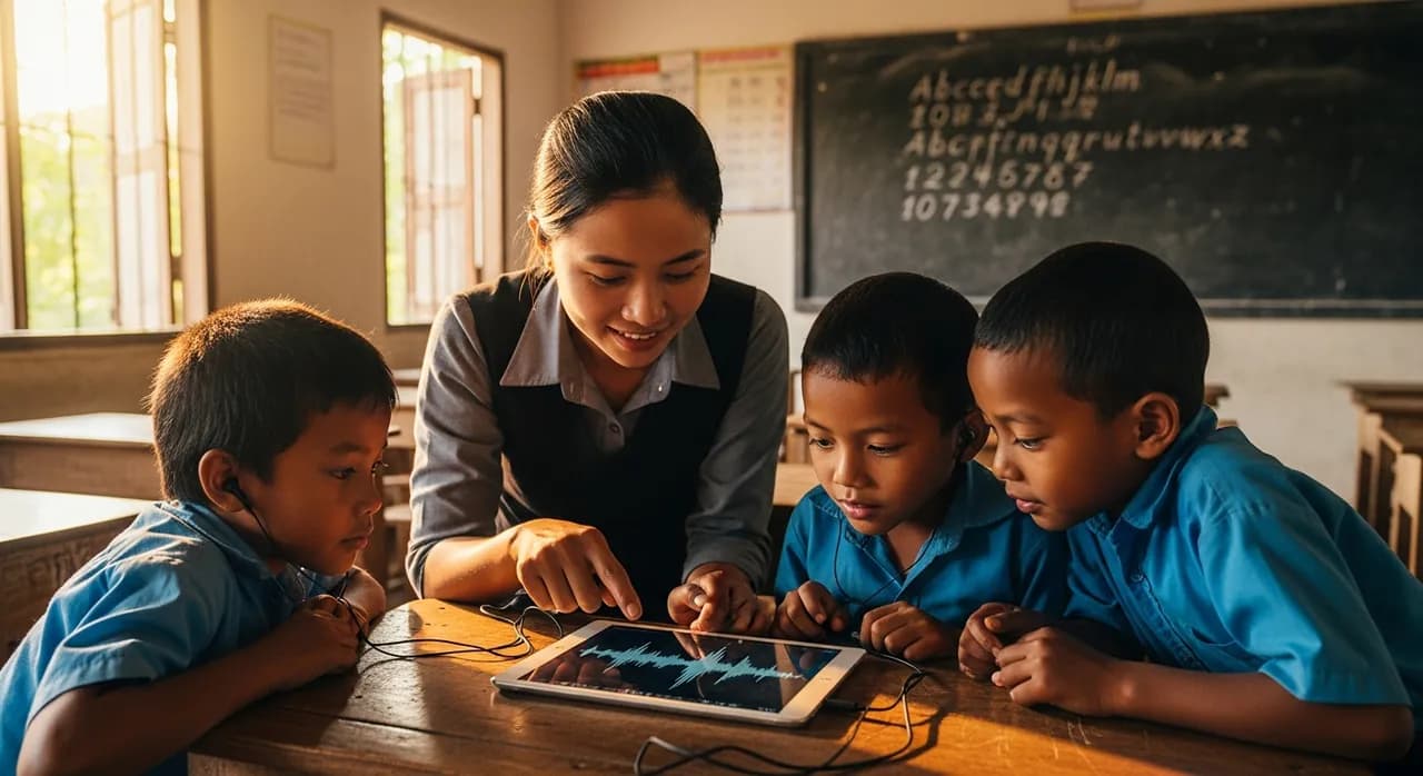 A teacher sits with three children sharing a tablet that plays audio learning content