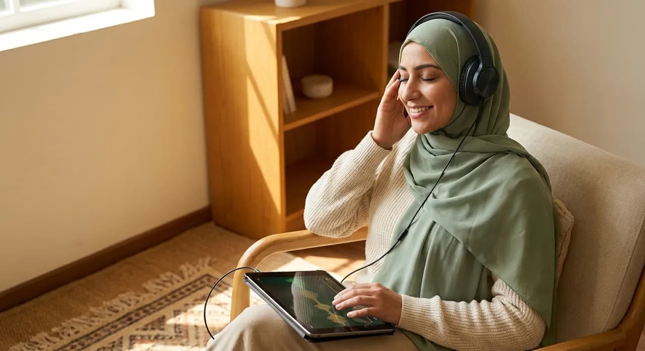 A Muslim woman wearing a green hijab listens to audio content on headphones