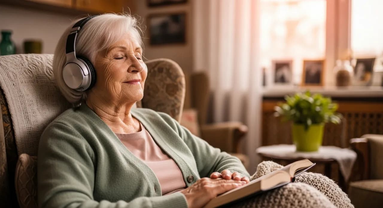 An elderly woman wearing headphones reads a book, illustrating audio companionship in later life