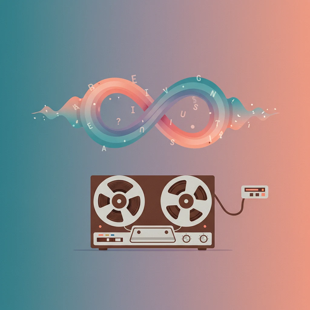 Illustration of a vintage tape recorder spinning endlessly with sound waves looping into an infinity symbol