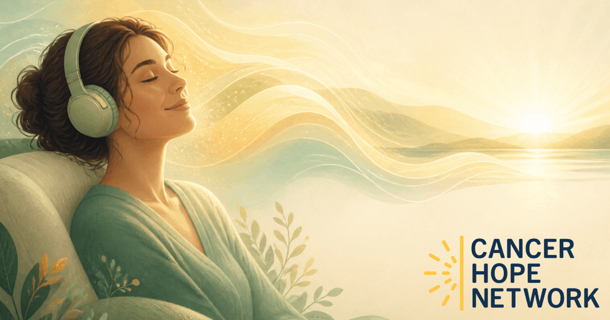 Woman resting with headphones and eyes closed as warm sound waves flow into a sunrise, with the Cancer Hope Network logo.
