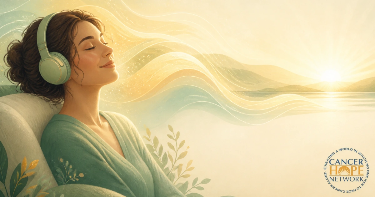 Woman resting with headphones and eyes closed as warm sound waves flow into a sunrise, with the Cancer Hope Network logo.
